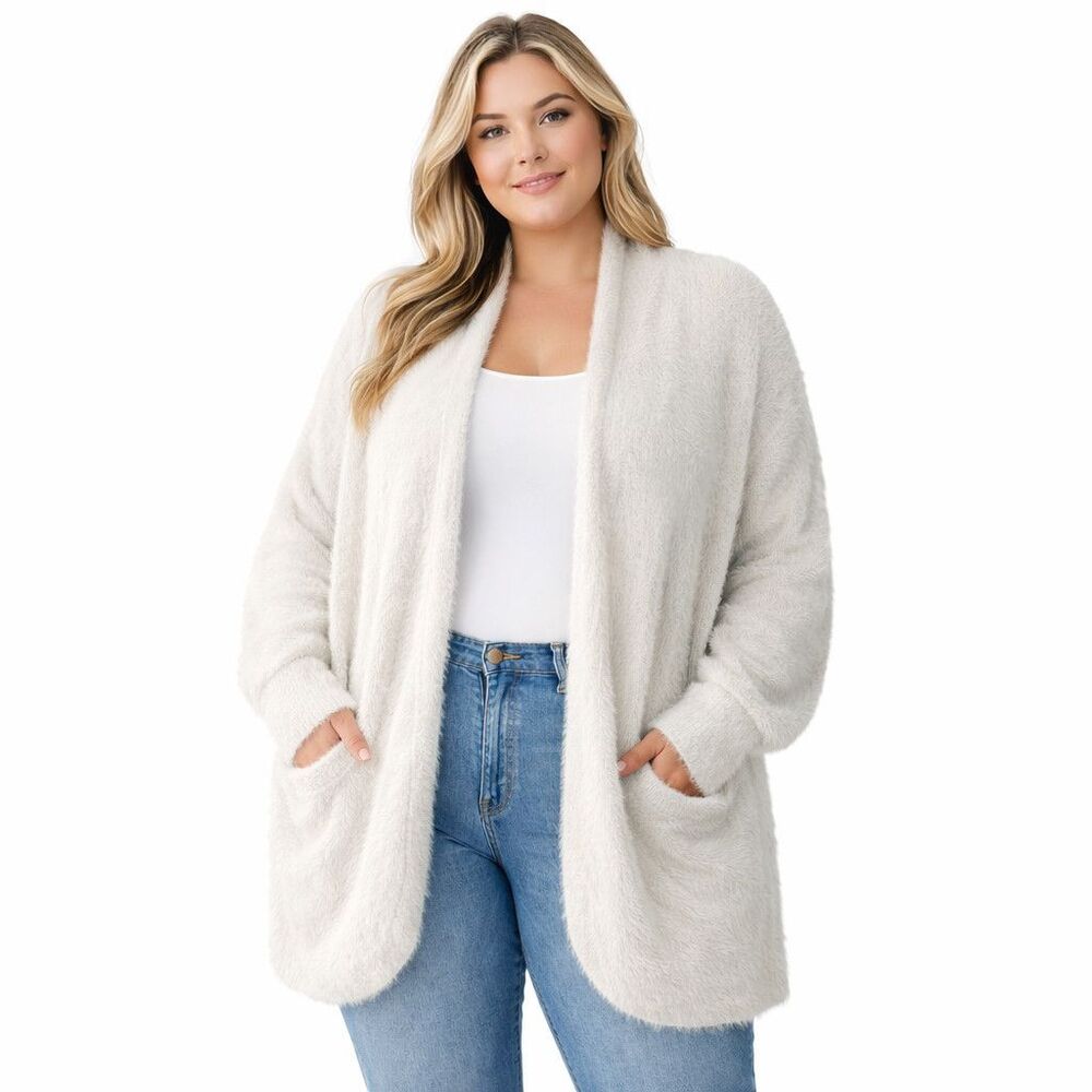 Knitted & Knotted Cardigan Sweater Womens XL White Fuzzy Open Front Pockets